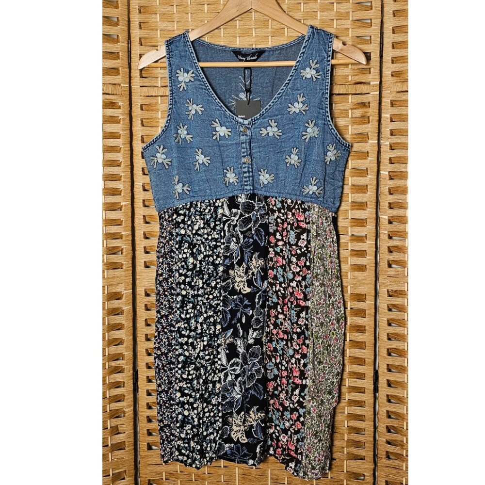 Young Threads Denim Western Boho Patchwork Tank Dress L NWT